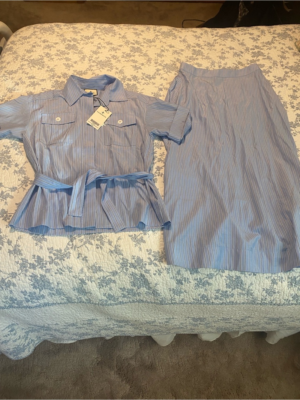 Tuckernuck Ava Jacket and Matching Evelyn Skirt Cornflower Blue Striped Size S